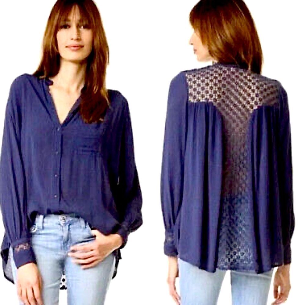 Free People The Best Button Down Crochet Lace Top Sz L